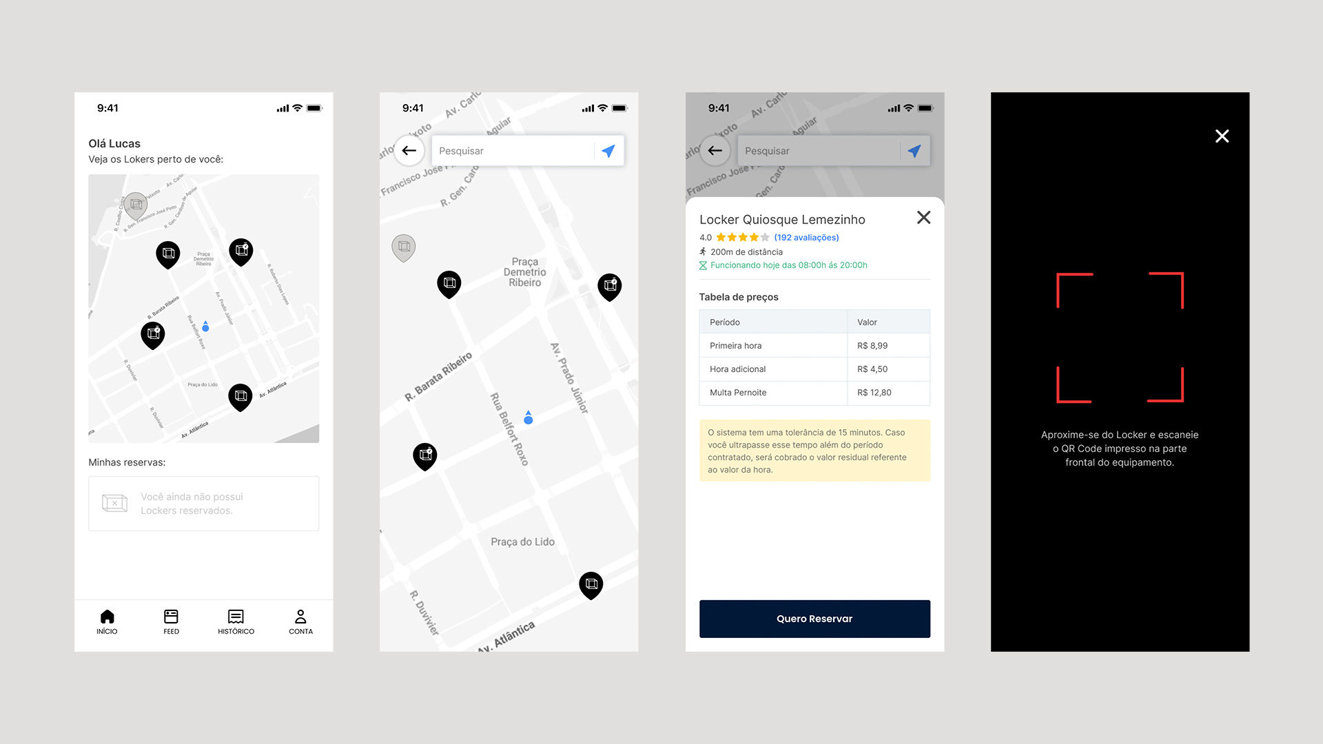 Tela do aplicativo com mapa e lockers disponíveis próximos ao usuário.