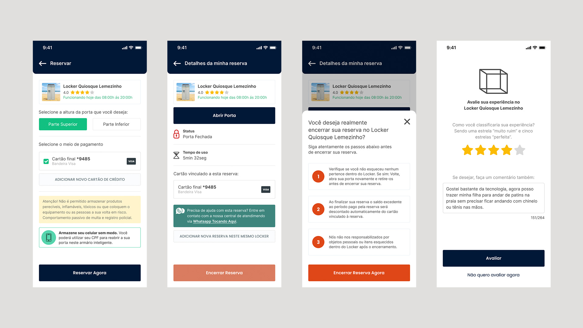 Tela do aplicativo com detalhes do locker, preços, regras e opção de reserva.